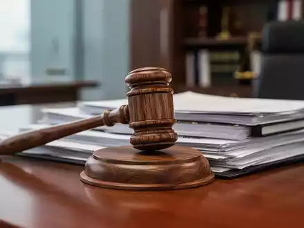Ein hölzerner Richterhammer liegt auf einem Stapel von Gesetzbüchern oder Dokumenten auf einem polierten Schreibtisch. - Foto: über boerse-global.de