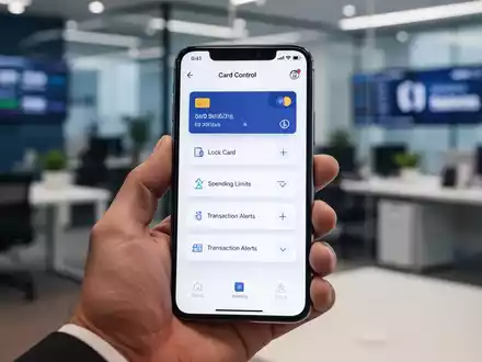 Hand hält Smartphone mit Banking-App und Sicherheitsfunktionen wie Kartensperre und Ausgabenlimits. - Foto: über boerse-global.de