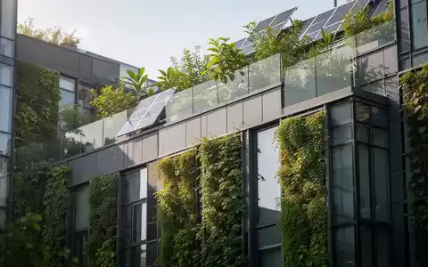 Nahaufnahme einer modernen, energieeffizienten Gebäudefassade mit vertikalen Gärten und Begrünung, die nachhaltige Immobilieninvestitionen symbolisiert. - Foto: über boerse-global.de