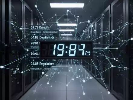 Eine digitale Uhr mit verschiedenen, gestaffelten Fristen und überlagernden Netzwerkgrafiken in einem Serverraum. - Foto: über boerse-global.de