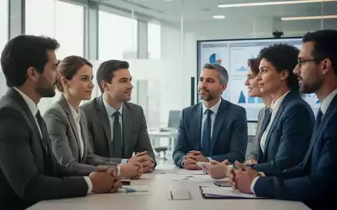 Eine Gruppe von Geschäftsleuten in einem modernen Büro, die sich unterhalten und ruhig zusammenarbeiten, mit dezenten Datendarstellungen im Hintergrund. - Foto: über boerse-global.de