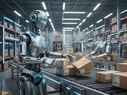 Ein humanoider Roboter sortiert Pakete auf einem Förderband in einem modernen Lagerhaus, was die Automatisierung auf dem Arbeitsmarkt veranschaulicht. - Foto: über boerse-global.de