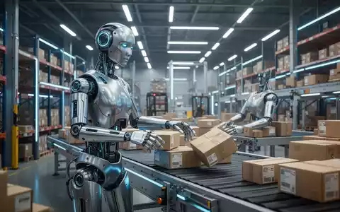 Ein humanoider Roboter sortiert Pakete auf einem Förderband in einem modernen Lagerhaus, was die Automatisierung auf dem Arbeitsmarkt veranschaulicht. - Foto: über boerse-global.de