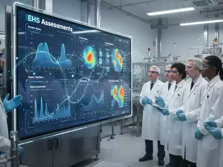Mitarbeiter in einem modernen Pharmawerk betrachten eine digitale Anzeige mit Daten zu Arbeitssicherheit und Risikomanagement. - Foto: über boerse-global.de