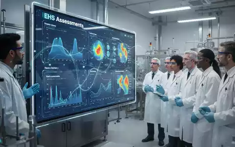 Mitarbeiter in einem modernen Pharmawerk betrachten eine digitale Anzeige mit Daten zu Arbeitssicherheit und Risikomanagement. - Foto: über boerse-global.de
