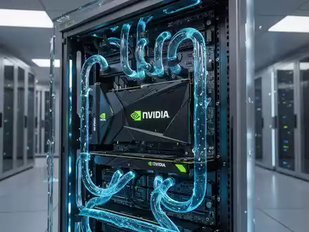 Nahaufnahme eines Serverracks mit leuchtend blauen Flüssigkeitskühlungsschläuchen, das fortschrittliche NVIDIA-KI-Hardware in einem Rechenzentrum zeigt. - Foto: über boerse-global.de