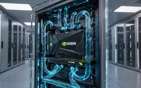 Nahaufnahme eines Serverracks mit leuchtend blauen Flüssigkeitskühlungsschläuchen, das fortschrittliche NVIDIA-KI-Hardware in einem Rechenzentrum zeigt. - Foto: über boerse-global.de