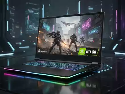 Nahaufnahme eines leistungsstarken Gaming-Laptops mit blauen RGB-Lichtern und NVIDIA RTX 50 Serie Grafikkarte. - Foto: über boerse-global.de