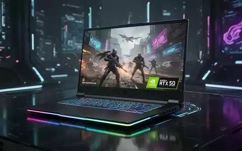 Nahaufnahme eines leistungsstarken Gaming-Laptops mit blauen RGB-Lichtern und NVIDIA RTX 50 Serie Grafikkarte. - Foto: über boerse-global.de