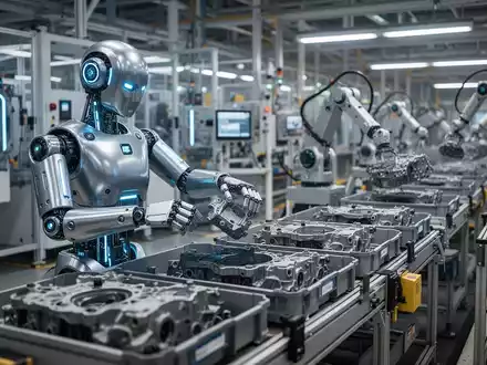 Humanoider Roboter mit blauen Akzenten sortiert Autoteile in moderner BMW-Fabrik. - Foto: über boerse-global.de