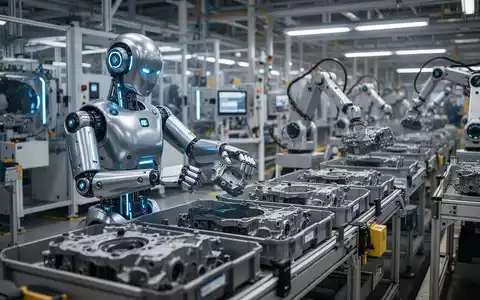 Humanoider Roboter mit blauen Akzenten sortiert Autoteile in moderner BMW-Fabrik. - Foto: über boerse-global.de