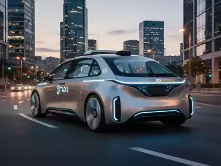 Ein futuristisches, autonomes Robotaxi fährt durch eine moderne Stadt bei Dämmerung, ohne sichtbare Bremspedale. - Foto: über boerse-global.de