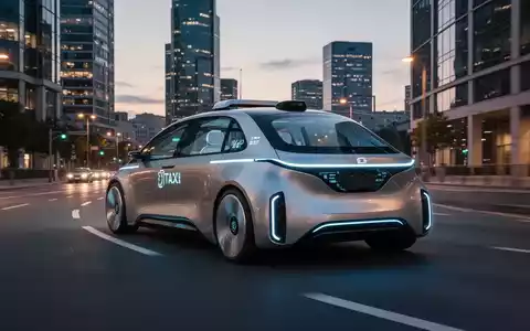 Ein futuristisches, autonomes Robotaxi fährt durch eine moderne Stadt bei Dämmerung, ohne sichtbare Bremspedale. - Foto: über boerse-global.de