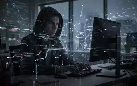 Eine Person sitzt vor einem Computer, umgeben von digitalen Datenströmen, die KI-Überwachung und Datenschutz am Arbeitsplatz symbolisieren. - Foto: über boerse-global.de