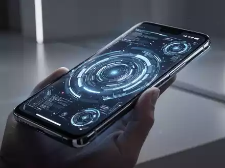 Schlankes, futuristisches Smartphone mit leuchtendem Bildschirm, gehalten von einer Hand in modernem, minimalistischen Umfeld, symbolisiert fortschrittliche Technologie. - Foto: über boerse-global.de