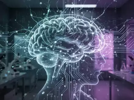 Abstraktes Bild, das ein menschliches Gehirn mit leuchtenden neuronalen Netzwerken und digitalen Datenströmen überlagert zeigt. - Foto: über boerse-global.de