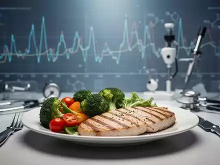 Eine Nahaufnahme eines Tellers mit gesunden Lebensmitteln (Gemüse, mageres Protein) auf einem unscharfen Hintergrund aus wissenschaftlichen Diagrammen und medizinischen Instrumenten. - Foto: über boerse-global.de