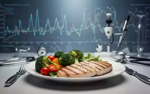 Eine Nahaufnahme eines Tellers mit gesunden Lebensmitteln (Gemüse, mageres Protein) auf einem unscharfen Hintergrund aus wissenschaftlichen Diagrammen und medizinischen Instrumenten. - Foto: über boerse-global.de