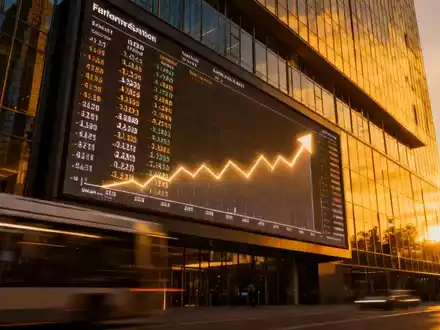 Frankfurter Börse mit digitalen Kursanzeigen, die einen moderaten Aufwärtstrend des DAX symbolisieren. - Foto: über boerse-global.de