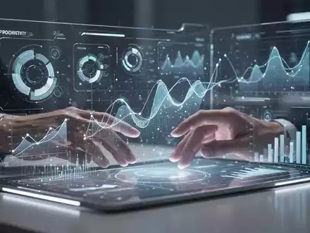 Eine futuristische, elegante digitale Benutzeroberfläche mit leuchtenden, abstrakten Datenvisualisierungen und subtil interagierenden Händen. - Foto: über boerse-global.de