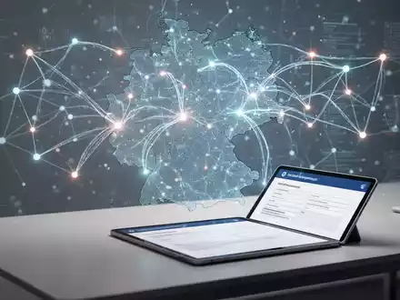 Stilisierte KI über Deutschlandkarte mit Datenfluss und Tablet für digitale Verwaltung. - Foto: über boerse-global.de