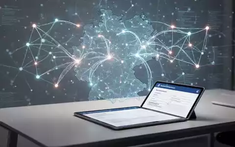 Stilisierte KI über Deutschlandkarte mit Datenfluss und Tablet für digitale Verwaltung. - Foto: über boerse-global.de