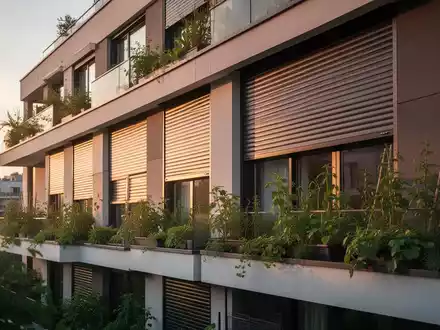 Ein modernes Gebäude mit heruntergelassenen Rollläden und Pflanzen auf einem Balkon bei Sonnenuntergang, das sommerlichen Schutz symbolisiert. - Foto: über boerse-global.de