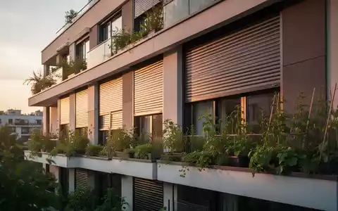 Ein modernes Gebäude mit heruntergelassenen Rollläden und Pflanzen auf einem Balkon bei Sonnenuntergang, das sommerlichen Schutz symbolisiert. - Foto: über boerse-global.de