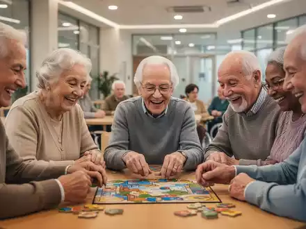 Ältere Menschen nehmen an einem Gruppengedächtnistraining in einem hellen, modernen Raum teil, lachen und interagieren miteinander. - Foto: über boerse-global.de