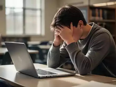 Ein junger Student sitzt mit dem Kopf in den Händen an einem Schreibtisch, ein Laptop ist geöffnet, in einer Bibliothek oder einem Lernraum. - Foto: über boerse-global.de