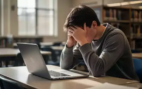 Ein junger Student sitzt mit dem Kopf in den Händen an einem Schreibtisch, ein Laptop ist geöffnet, in einer Bibliothek oder einem Lernraum. - Foto: über boerse-global.de