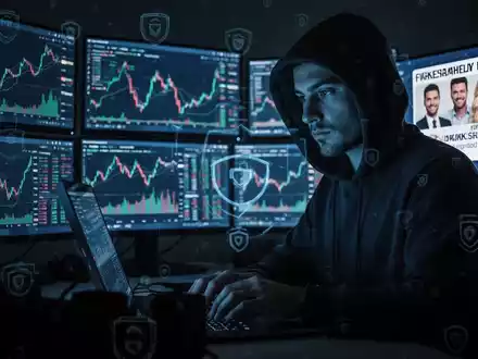 Eine Person im Kapuzenpulli tippt an einem Laptop, Bildschirme zeigen Finanzdiagramme und gefälschte Promi-Werbung in bläulichem Licht. - Foto: über boerse-global.de