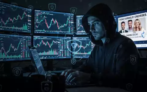 Eine Person im Kapuzenpulli tippt an einem Laptop, Bildschirme zeigen Finanzdiagramme und gefälschte Promi-Werbung in bläulichem Licht. - Foto: über boerse-global.de