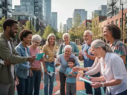 Eine vielfältige Gruppe von Menschen jeden Alters nimmt an einer gemeinschaftlichen Gesundheitsaktivität in einem Stadtteilpark teil. - Foto: über boerse-global.de
