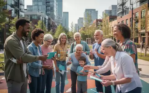 Eine vielfältige Gruppe von Menschen jeden Alters nimmt an einer gemeinschaftlichen Gesundheitsaktivität in einem Stadtteilpark teil. - Foto: über boerse-global.de