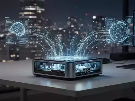 Schlanker, moderner Mini-PC mit blau leuchtenden Komponenten auf minimalistischem Schreibtisch, holografische Datenströme. - Foto: über boerse-global.de