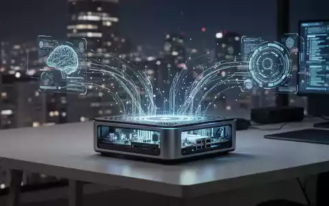 Schlanker, moderner Mini-PC mit blau leuchtenden Komponenten auf minimalistischem Schreibtisch, holografische Datenströme. - Foto: über boerse-global.de