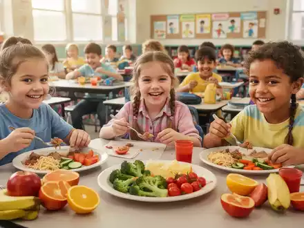 Kinder essen gesunde Mahlzeiten in einer hellen Schulkantine, mit Fokus auf frisches Obst und Gemüse. - Foto: über boerse-global.de