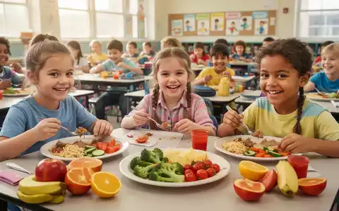 Kinder essen gesunde Mahlzeiten in einer hellen Schulkantine, mit Fokus auf frisches Obst und Gemüse. - Foto: über boerse-global.de