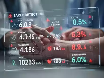 Nahaufnahme eines Displays mit Gesundheitsdaten wie Blutdruck, Blutzucker und Cholesterinwerten, mit roten Warnhinweisen. - Foto: über boerse-global.de