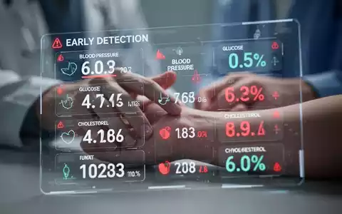 Nahaufnahme eines Displays mit Gesundheitsdaten wie Blutdruck, Blutzucker und Cholesterinwerten, mit roten Warnhinweisen. - Foto: über boerse-global.de