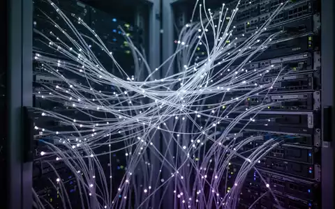 Nahaufnahme von leuchtenden Glasfaserkabeln, die Serverracks in einem modernen Rechenzentrum verbinden, Symbol für GPU-Cloud-Netzwerkautomatisierung. - Foto: über boerse-global.de