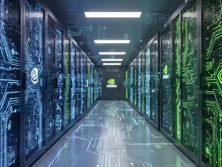 Moderne Rechenzentrums-Gasse mit blau-grün leuchtenden Server-Racks, Symbol für KI, Cloud-Computing und Hightech-Integration. - Foto: über boerse-global.de