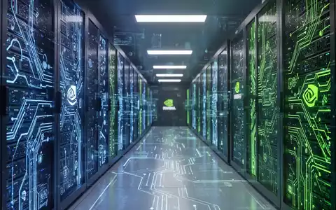 Moderne Rechenzentrums-Gasse mit blau-grün leuchtenden Server-Racks, Symbol für KI, Cloud-Computing und Hightech-Integration. - Foto: über boerse-global.de