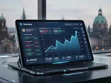 Tablet-Bildschirm mit digitalem Banking-Interface, Finanzdiagrammen und deutscher Stadtsilhouette im Hintergrund. - Foto: über boerse-global.de