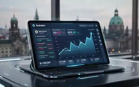 Tablet-Bildschirm mit digitalem Banking-Interface, Finanzdiagrammen und deutscher Stadtsilhouette im Hintergrund. - Foto: über boerse-global.de