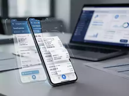 Ein Smartphone zeigt eine Reisekostenabrechnungs-App mit Belegen und Daten. Im Hintergrund ein unscharfes Büro mit Laptop. - Foto: über boerse-global.de