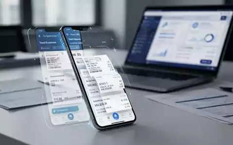 Ein Smartphone zeigt eine Reisekostenabrechnungs-App mit Belegen und Daten. Im Hintergrund ein unscharfes Büro mit Laptop. - Foto: über boerse-global.de