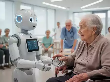 Ein freundlicher humanoider Roboter hilft einer älteren Person in einer modernen Pflegeeinrichtung und zeigt Mensch-Roboter-Kooperation. - Foto: über boerse-global.de