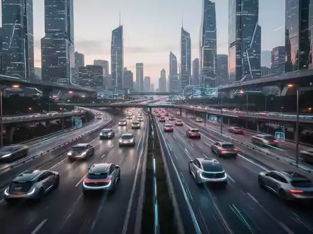 Futuristische Stadtsilhouette in der Dämmerung mit selbstfahrenden Autos auf Autobahnen, die weniger Verkehrsstau zeigen. - Foto: über boerse-global.de